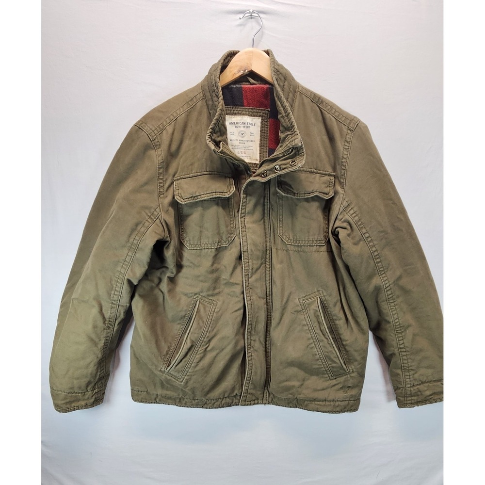 American Eagle Field Jacket Mens Large Olive Military Plaid Lined Utility Coat‎